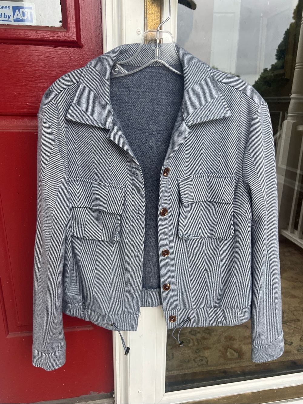Navy Herringbone Button-Front Utility Jacket